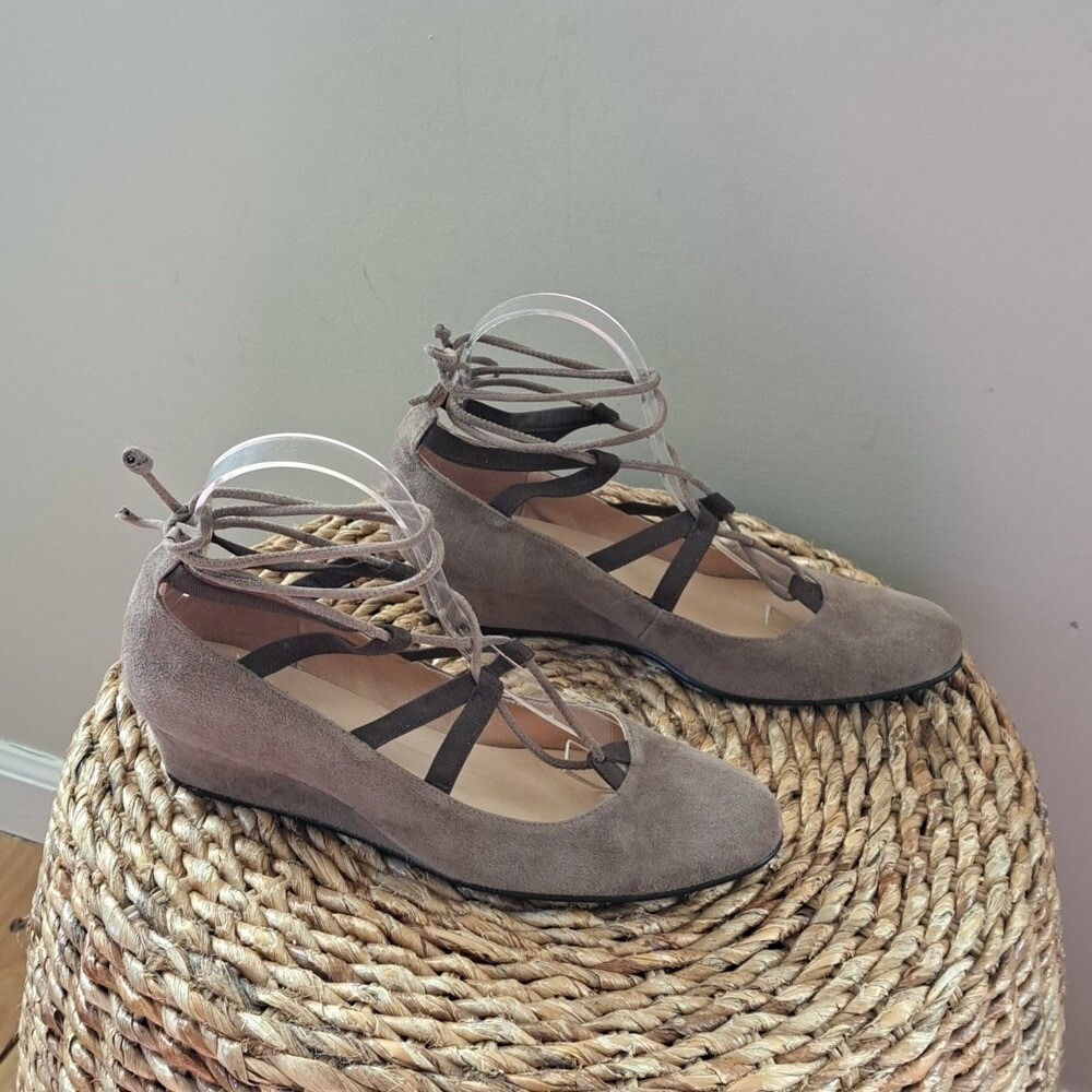 FS/NY French Sole Womens Taupe Suede Elastic/String Lace-up Ballet Wedge Flats 8